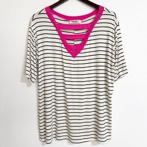 Haptics Striped V Neck Stretch Knit Tee Shirt